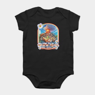 Jurassic Dinos battling with Volcano Erupting Vintage Hawaiian  Style Baby Bodysuit